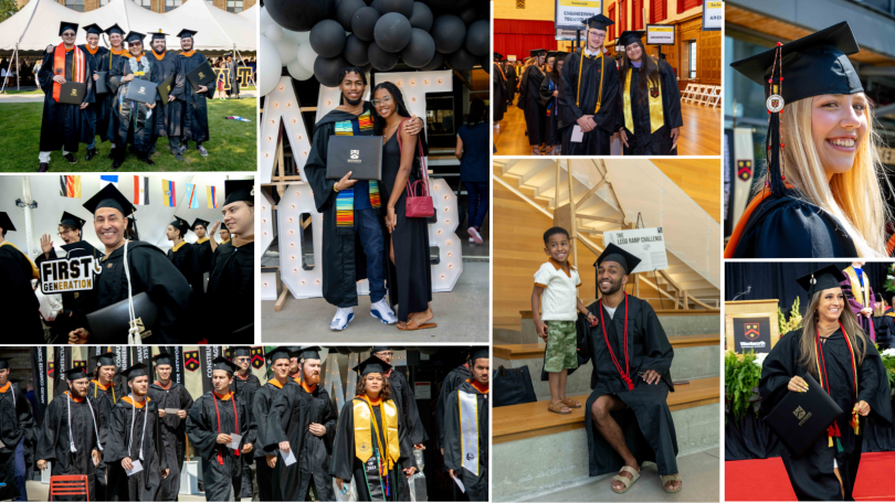 Collage of photos showing students graduating wearing caps and gowns