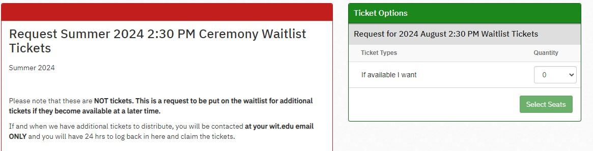 Summary box with instructions and ticket option box with drop down