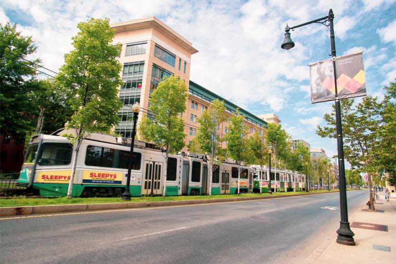 The Green line subway going down Huntington Avenue