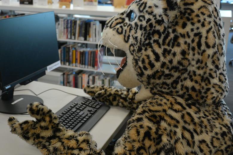 Leopard mascot working at computer.