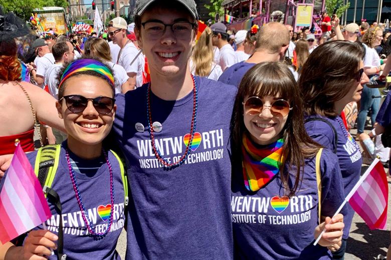 Three Wentworth students celebrating at the Boston Pride Parade.