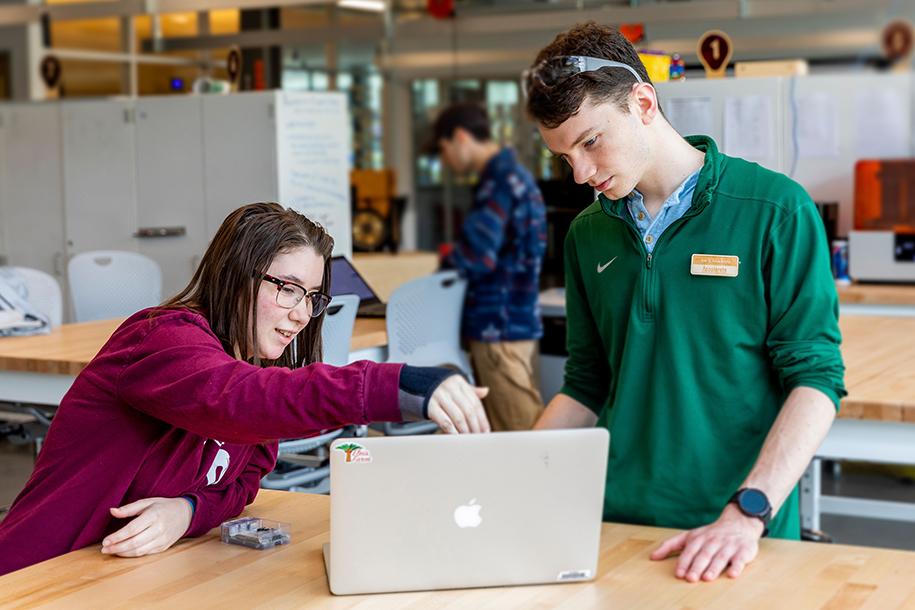 A woman gestures at a computer while a man looks on. 