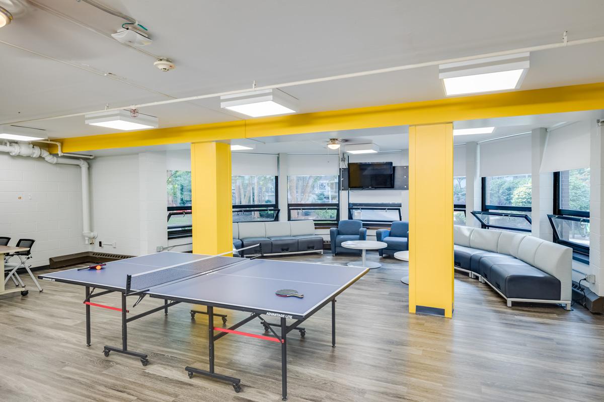 The Baker Hall lobby with ping pong table